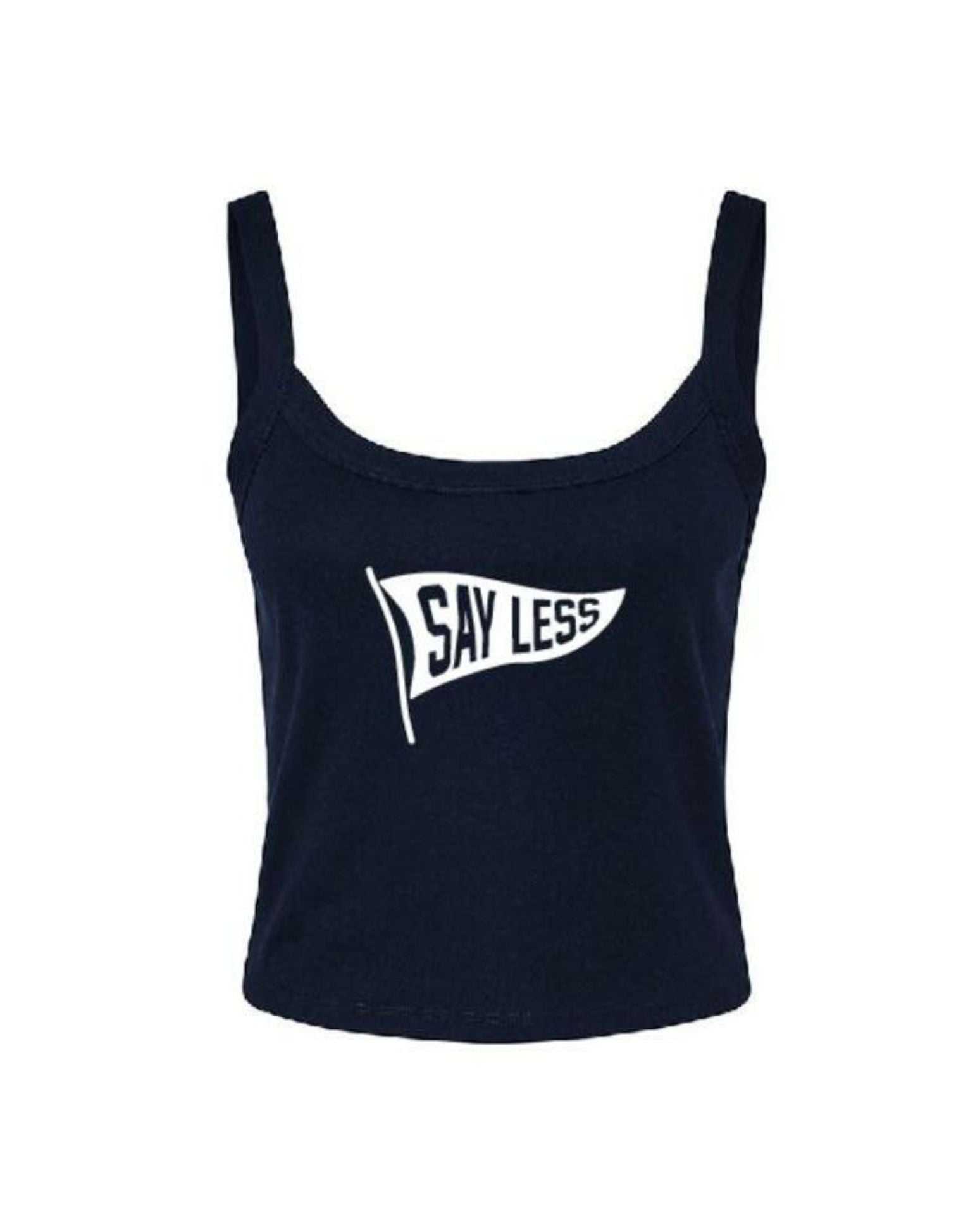 navy tank top with say less writing on it